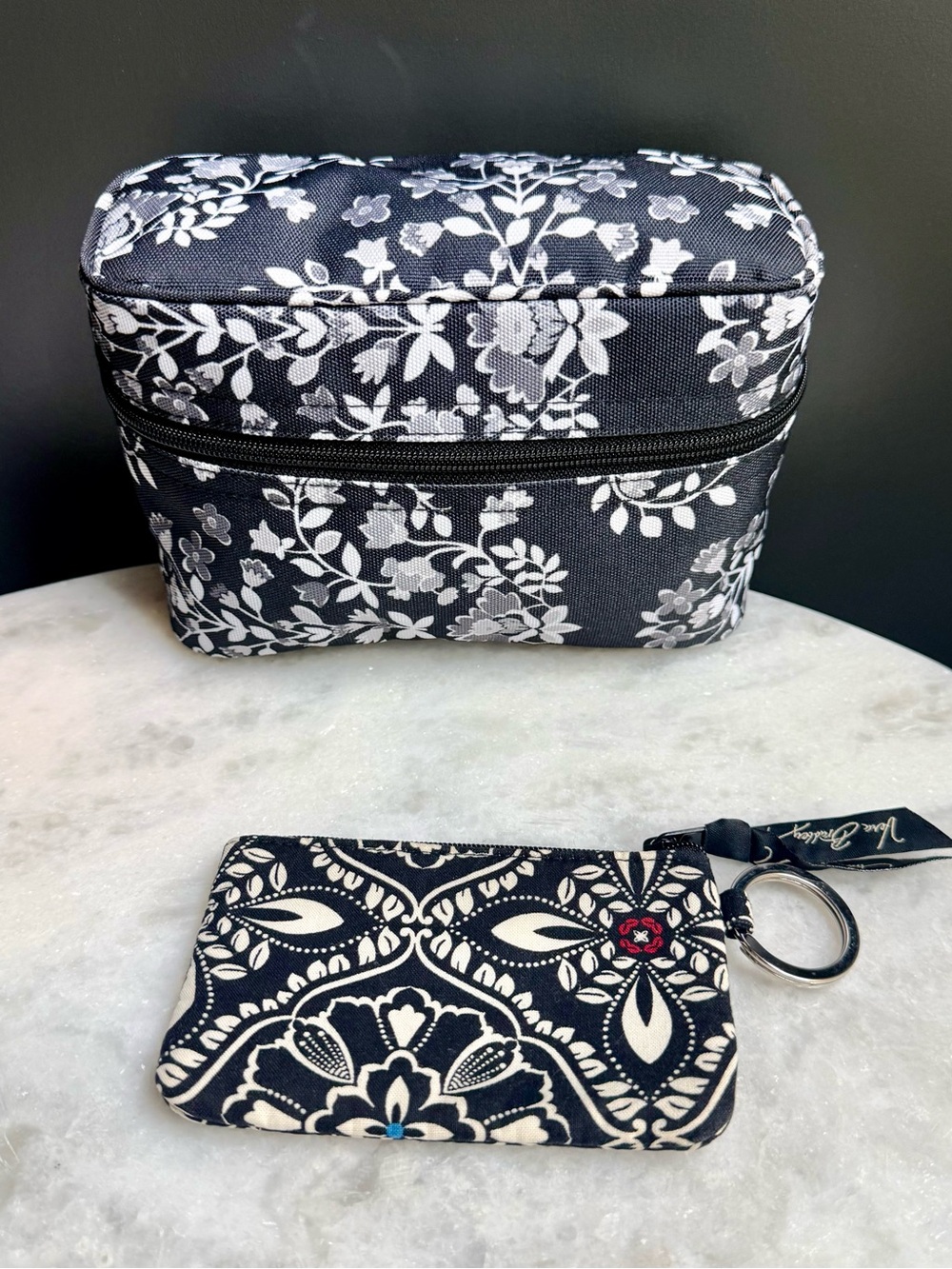 Vera Bradley Black & White Cosmetic Case + Zip ID keychain/wallet bundle